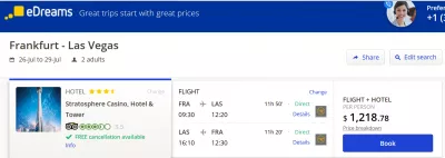Frankfurt to Las Vegas flight + hotel comparison, 3 nights 2 adults : Package on eDreams