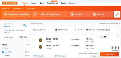 Frankfurt to Las Vegas flight + hotel comparison, 3 nights 2 adults : Flight result on Kayak.