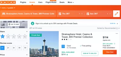Frankfurt to Las Vegas flight + hotel comparison, 3 nights 2 adults : Kayak hotel result