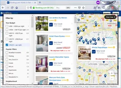 Crítica de Booking.com : Vista de mapa de resultados de búsqueda de hotel