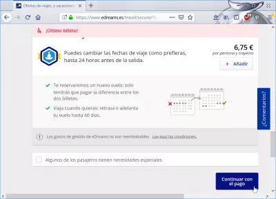 eDreams flights booking review : 6.75€ possibility to change ticket up to 24 hours before departure