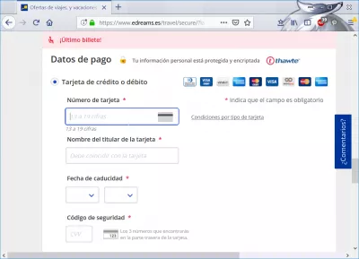Revisión de reservas de vuelos de eDreams : Detalles de pago: diners club, visa, mastercard, american express