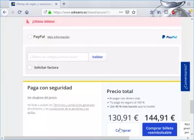 eDreams flights booking review : Possibility to pay with PayPal