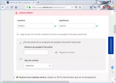 eDreams flights booking review : Passenger information with frequent traveler number and dietary requirements