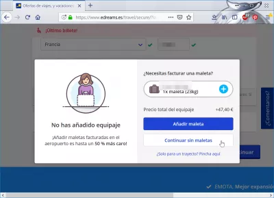 Revisão de reserva de voos da eDreams : Pop-up para adicionar bagagem despachada