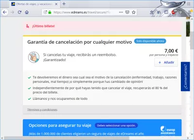 eDreams flights booking review : Possibility to add a cancellation insurance