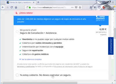 eDreams flights booking review : Saying no to the extra insurance