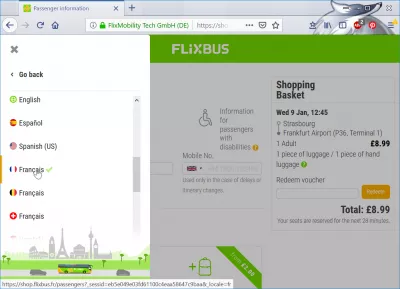 Flixbus bookinganmeldelse : Ændring af sprog og valuta