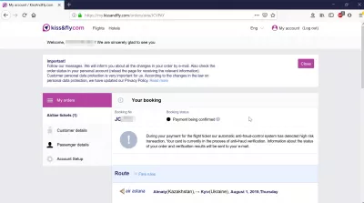 Kiss And Fly review of a flight booking : Booking complete