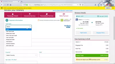הזמנה באמצעות סקירת טיסות MyHolidays : תהליך תשלום
