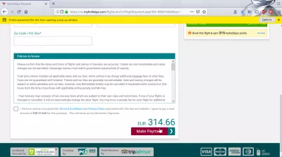Prenotazione con la recensione dei voli MyHolidays : Prezzo visualizzato di 315 €