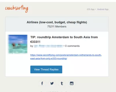 Secret Flying error fare : Post on Couchsurfing about cheap flights on Secretflyng