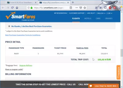 Smartfares Flybilletter Bookinganmeldelse : Pris detalje