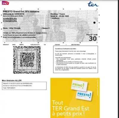 Train TER SNCF tickets booking GrandEst Strasbourg : Personal TER SNCF train ticket PDF ticket to print