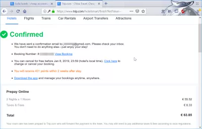 Revisió de la reserva d'hotel a Trip.com : Reserva d'hotel confirmada i pagada