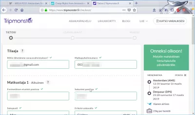 Tripmonster.fi استعراض حجز الطيران : دخول معلومات المسافر