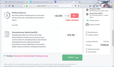 Tripmonster.fi استعراض حجز الطيران : اختيار عدم وجود تأمين إضافي