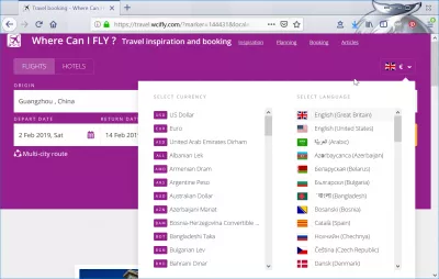 Where Can I FLY? Travel inspiration and booking review : Currency and language selection
